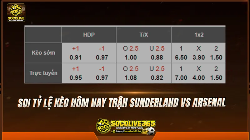 Soi tỷ lệ kèo hôm nay trận Sunderland vs Arsenal